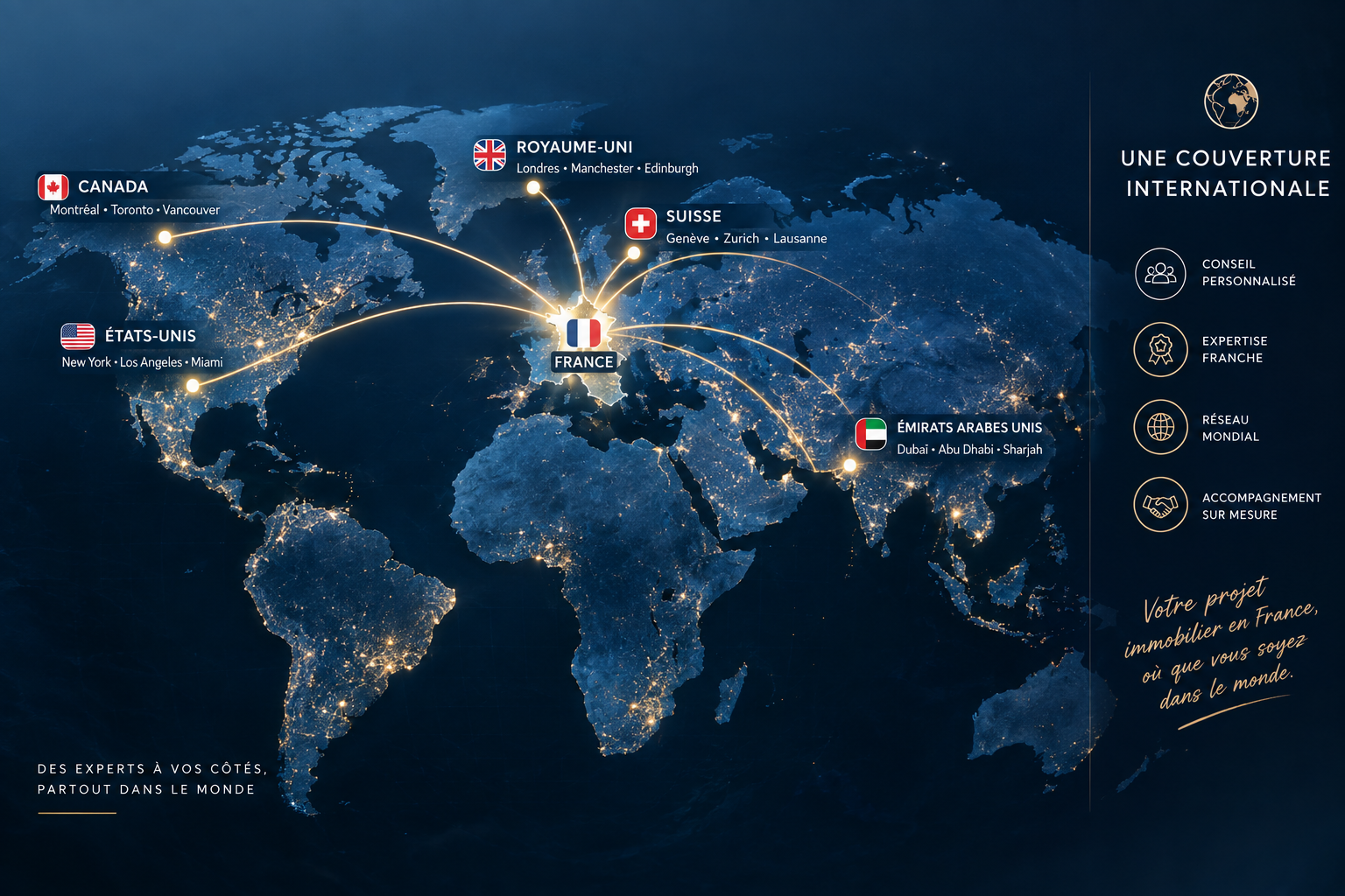 carte du monde avec connexions vers la France