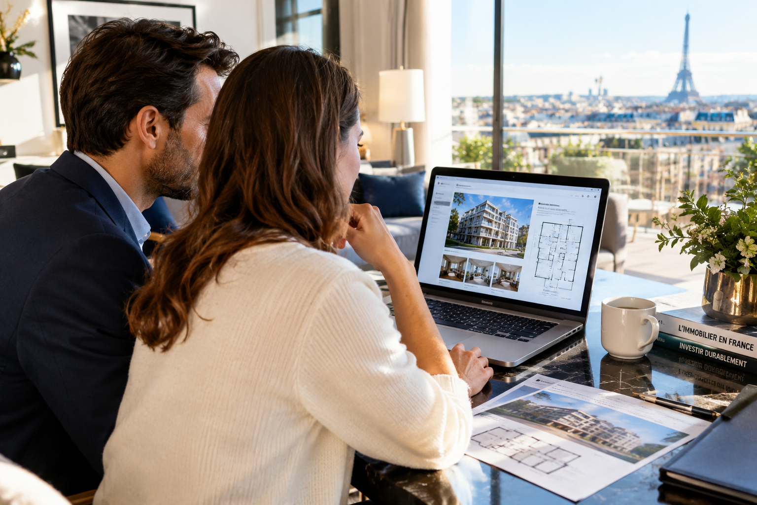 couple expatrié consultant un projet immobilier français